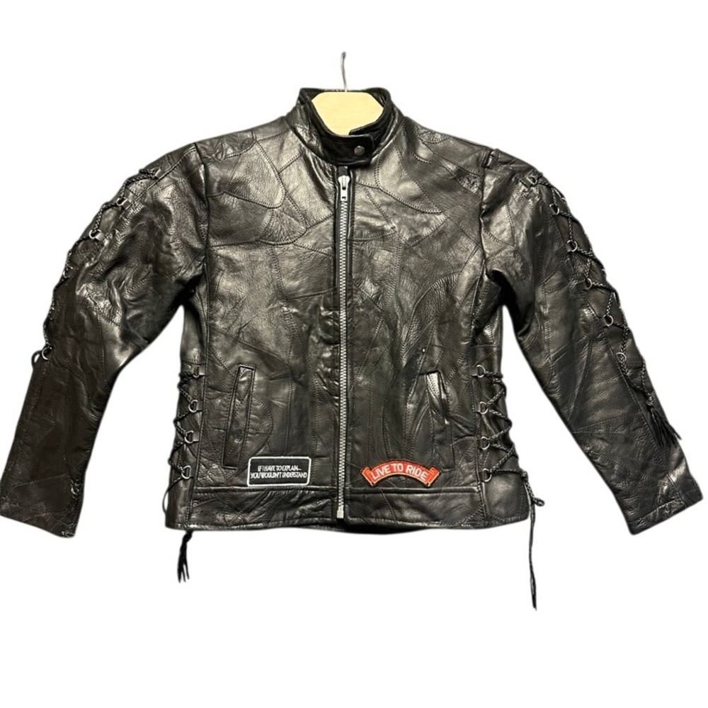 Diamond Plate Buffalo Leather Patchwork Motorcycle Jacket Biker Patches Mens S
